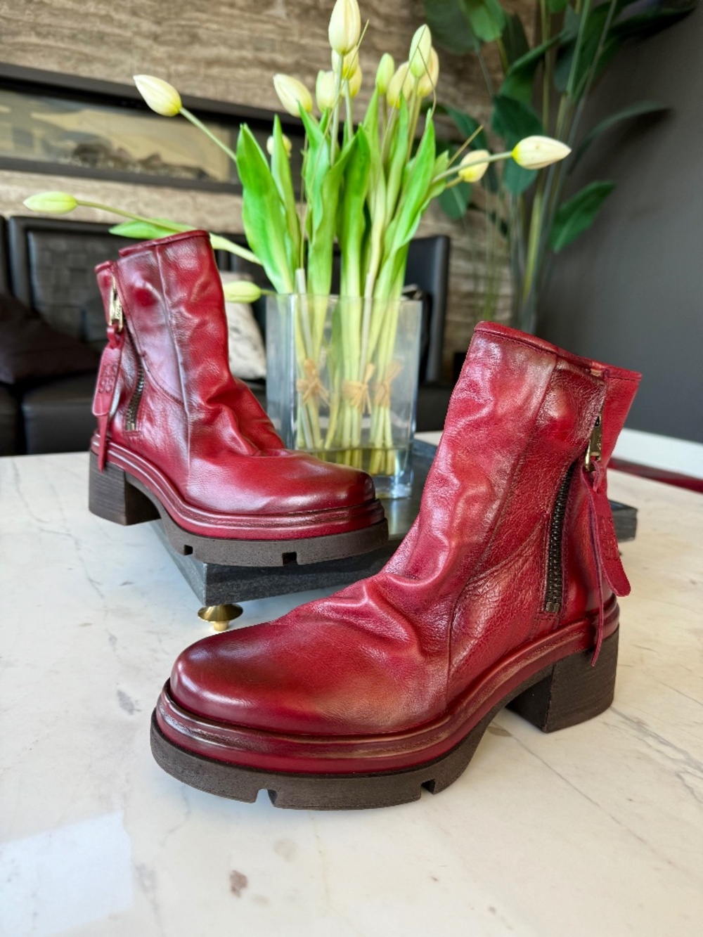 New A.S.98 Eire Ankle Zip Leather Boots Red